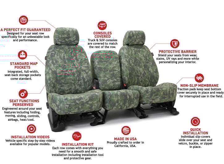 Installed Military Camo Information Diagram 40/20/40 Front Seat Covers for 2007 Toyota Highlander