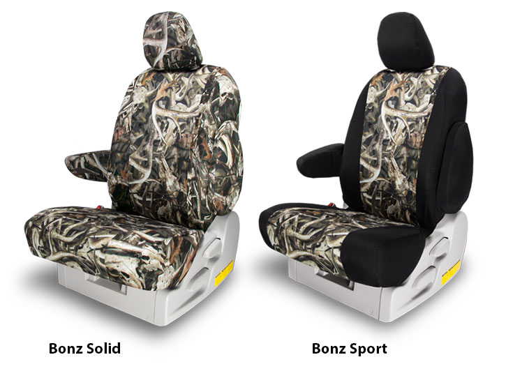 Two Installed Bonz Camo Seat Covers Solid Bonz and Sport Bonz with Black Trim