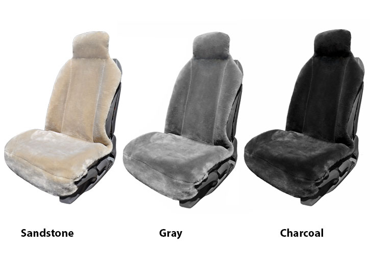 Two Installed Premium Fleece Faux Fur Seat Covers Sandstone and Gray