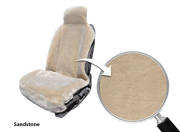 Installed Faux Sheepskin Seat Covers Tailor-Made Sandstone Close Up of Fabric