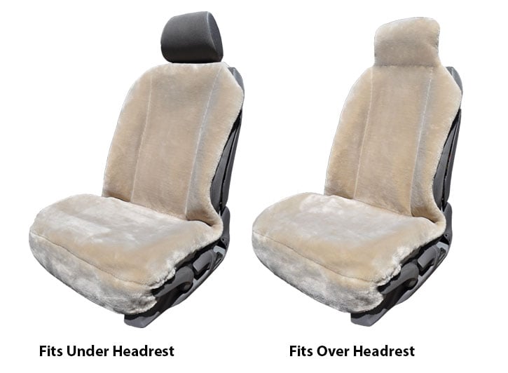 Two Installed Faux Sheepskin Seat Covers One Tucked Under Headrest One Over Headrest