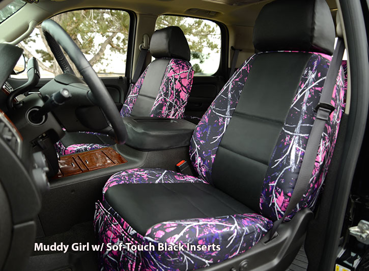 Installed Luxury Moon Shine Seat Covers Muddy Girl with Black Inserts for 2006 Toyota Highlander