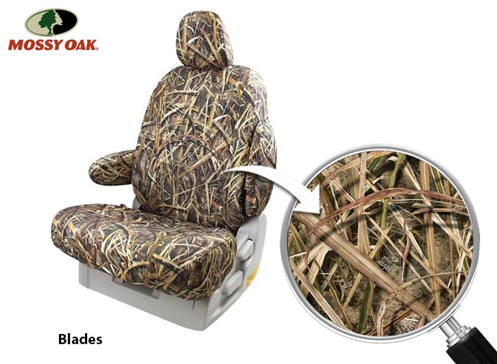 Installed Mossy Oak Seat Covers Blades with Close Up of FabricHonda 