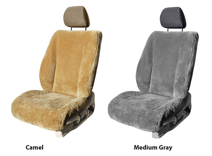 Two Installed Custom Sheepskin Seat Covers Camel and Gray