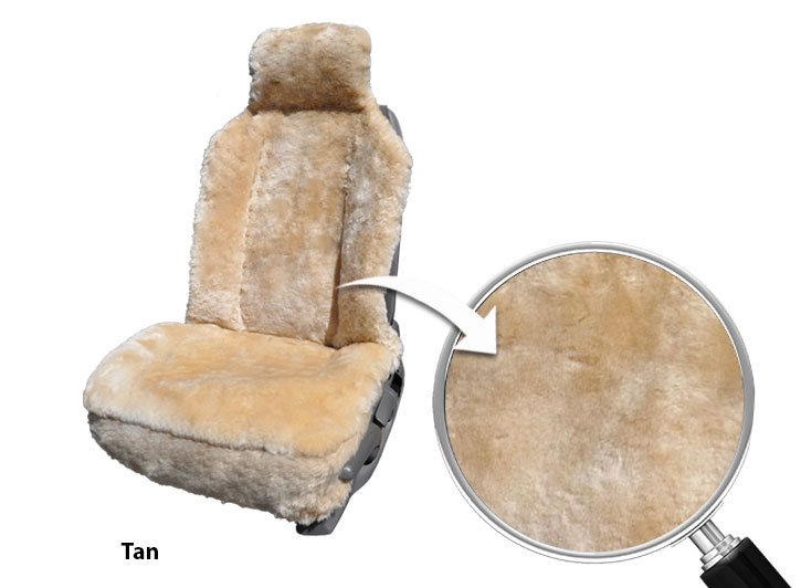 Installed Sheepskin Seat Covers Tan with Close Up of Fabric