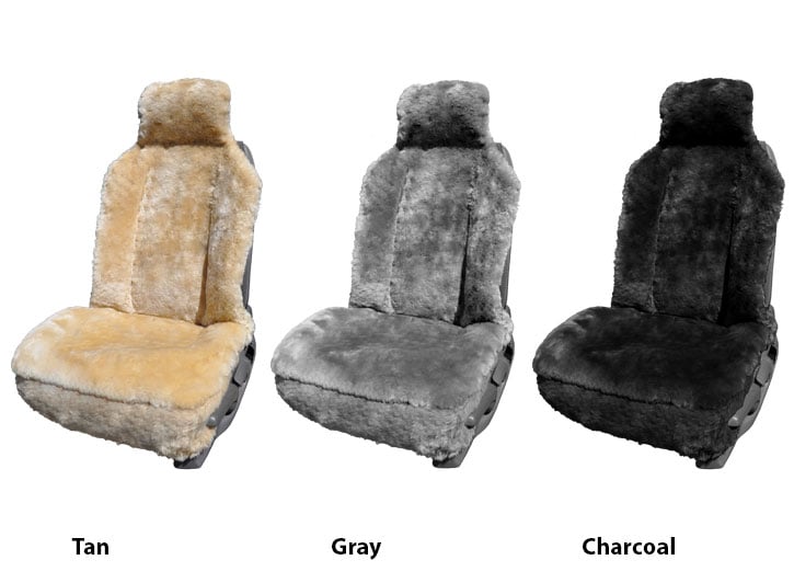 Three Installed Sheepskin Seat Covers Tan Gray and Charcoal