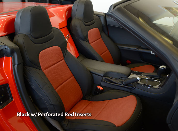 Installed Sof-Touch Imitation Leather Seat Covers Black with Perforated Red Inserts