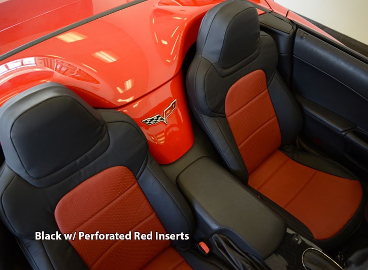 Installed Sof-Touch Imitation Leather Seat Covers Black with Perforated Red Inserts